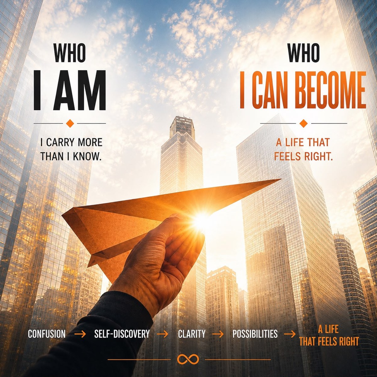 Who I am: I carry more than I know. Who I can become: a life that feels right. Confusion, self-discovery, clarity, possibilities, a life that feels right.
